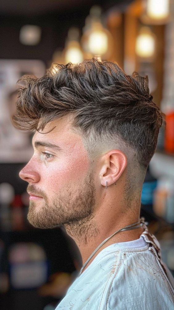 Vibrant Burst Fade Mohawk with Artistic Line Detailing
