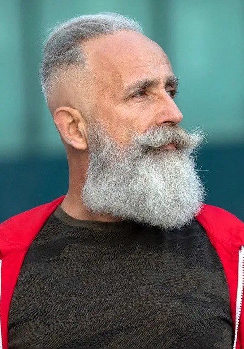 Chin-Length Sleek Silver Hair with Defined Beard