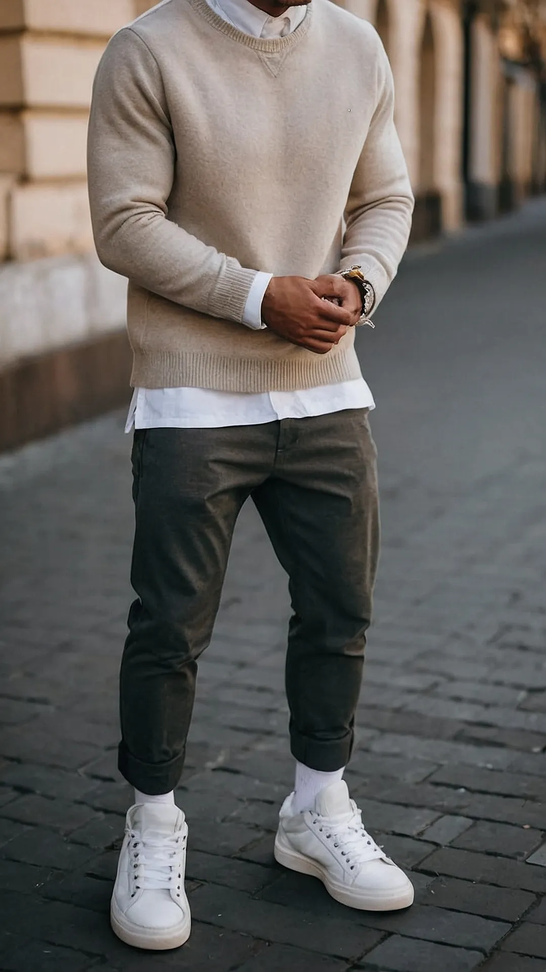 Layered cardigan with t-shirt and corduroy pants