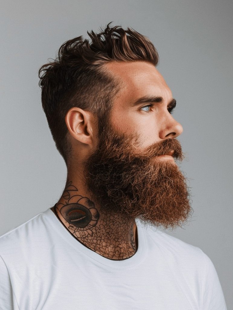 Side-Parted Slick Hair with a Long Medium Beard