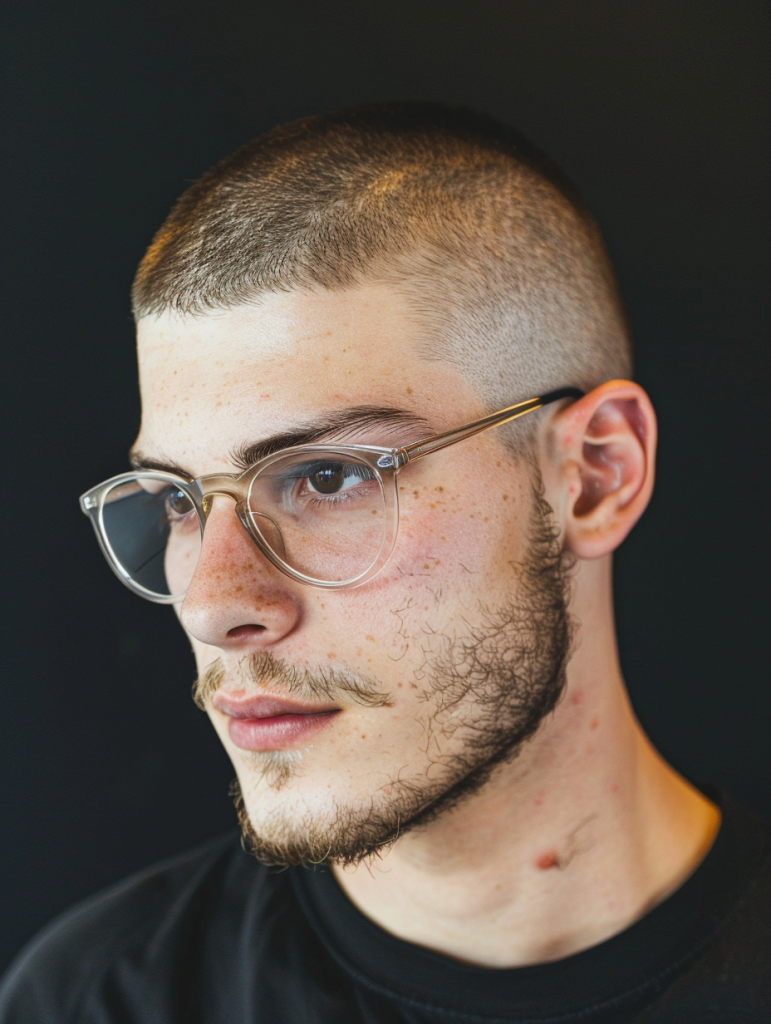 Buzz Cut with Gold Rimmed Aviator Glasses