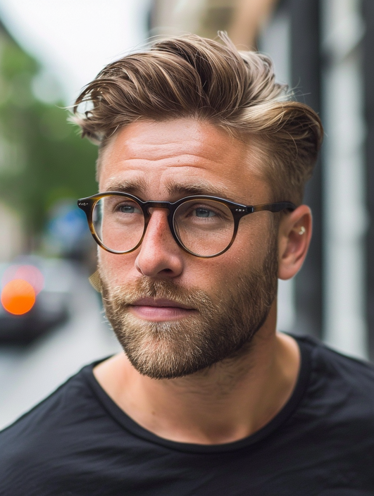 Sophisticated Side Sweep with Thick Acetate Glasses