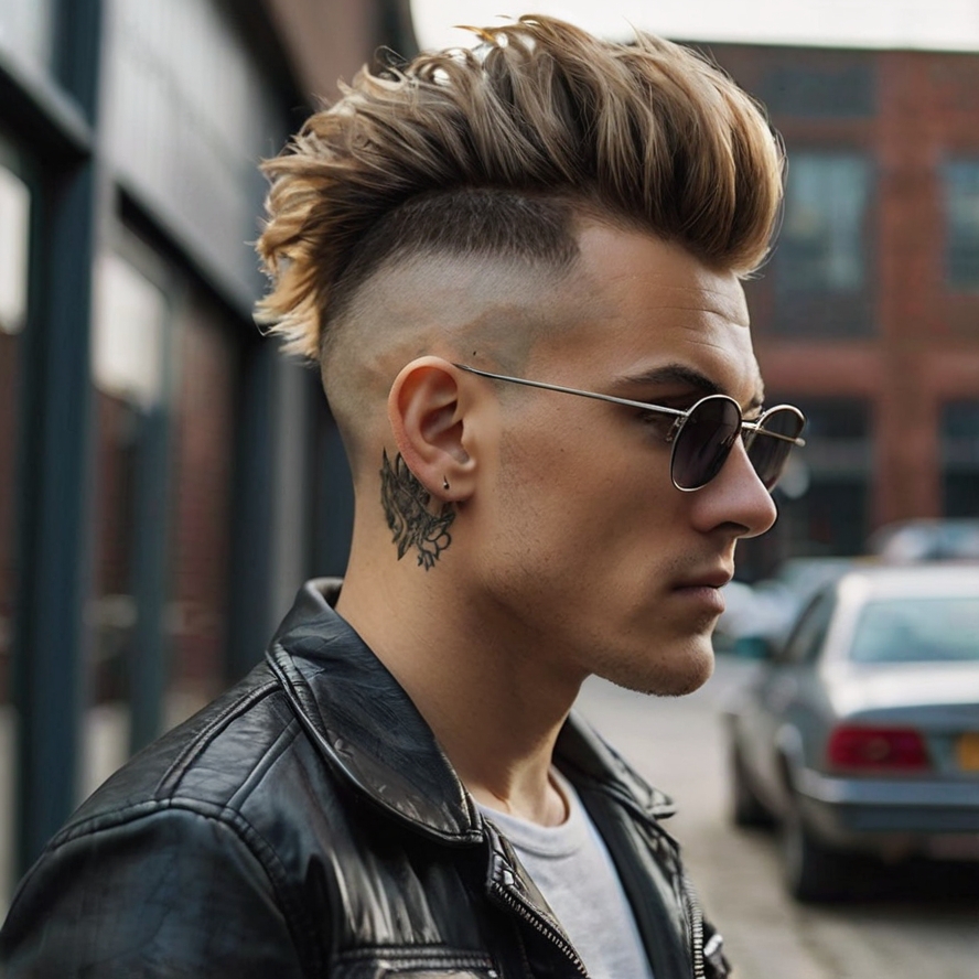 Sculpted Burst Fade Mohawk with Side-Swept Bangs