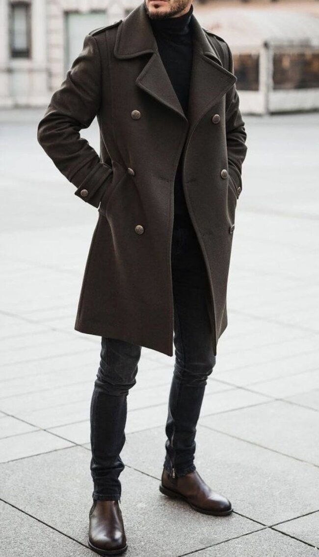 Long coat with turtleneck and wool trousers