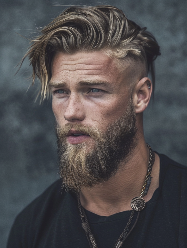 Rugged Viking Hairstyle with Subtle Side Part