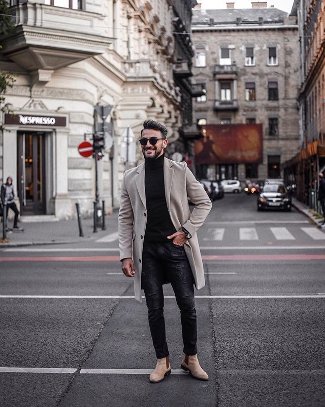 Wool coat with turtleneck and skinny pants